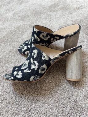 Denim Leopard mules heeled sandals embroidered pristine 7.5